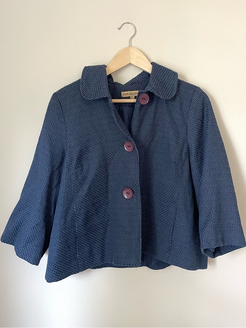 Notations - Navy Textured Jacket  | 3/4 Sleeve Career Blazer - Size XL
